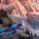 A mystical creature flies through a strange landscape.